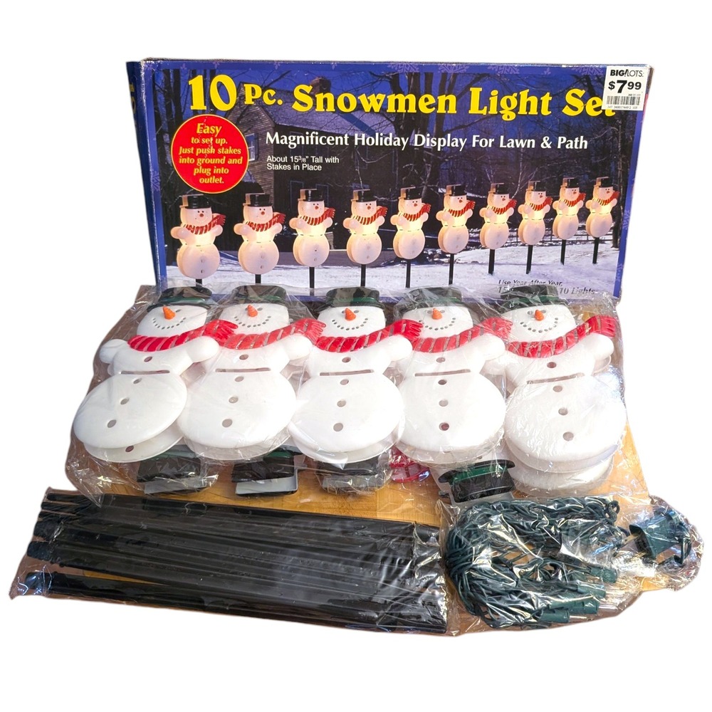 Snowman 10 Piece Holiday Light Set Big Lots VTG New Open Box 15' Long Christmas